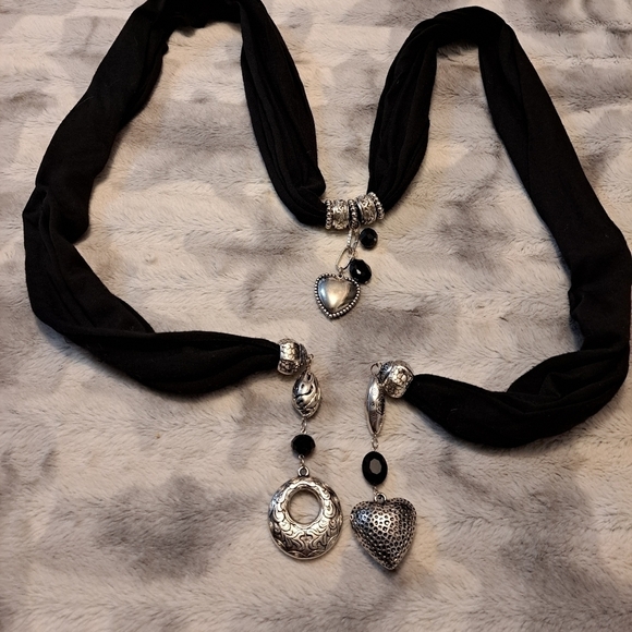 Black Scarf With Silver Charms & Embellishments - Picture 1 of 5